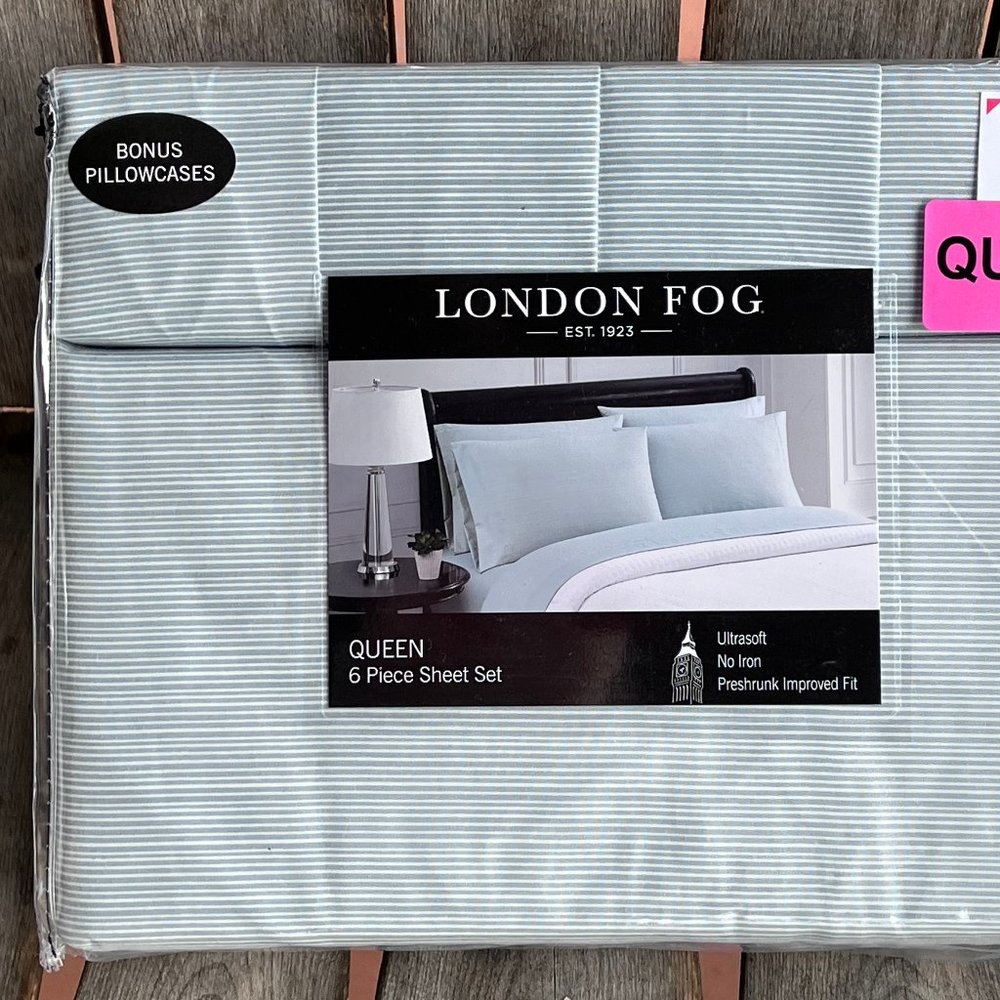 6-pc London Fog QUEEN Sheet Set - THIN GRAY STRIPES / 2 BONUS pillowcases